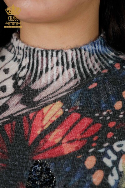 Großhandel Damen Pullover Digitaldruck Angora Muster Schwarz-18976 / KAZEE - Thumbnail