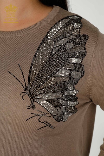 Großhandel Damen Strickpullover mit Schmetterling Muster Nerz - 16958 / KAZEE - Thumbnail