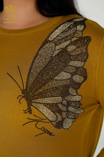 Großhandel Damen Strickpullover mit Schmetterling Muster Safran - 16958 / KAZEE - Thumbnail
