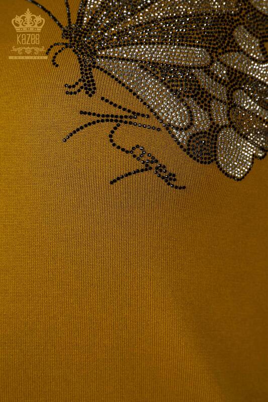 Großhandel Damen Strickpullover mit Schmetterling Muster Safran - 16958 / KAZEE