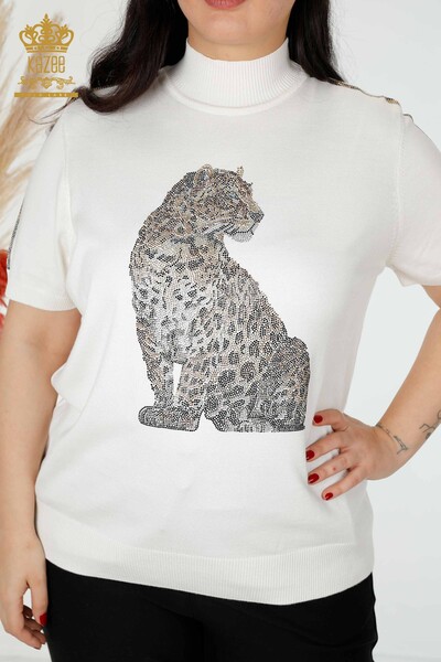 Großhandel Damen Strickpullover mit Tiger Muster Ecru - 16999 / KAZEE - 2