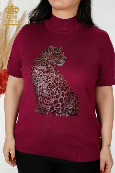 Großhandel Damen Strickpullover mit Tiger-Muster Magenta - 16999 / KAZEE - 2