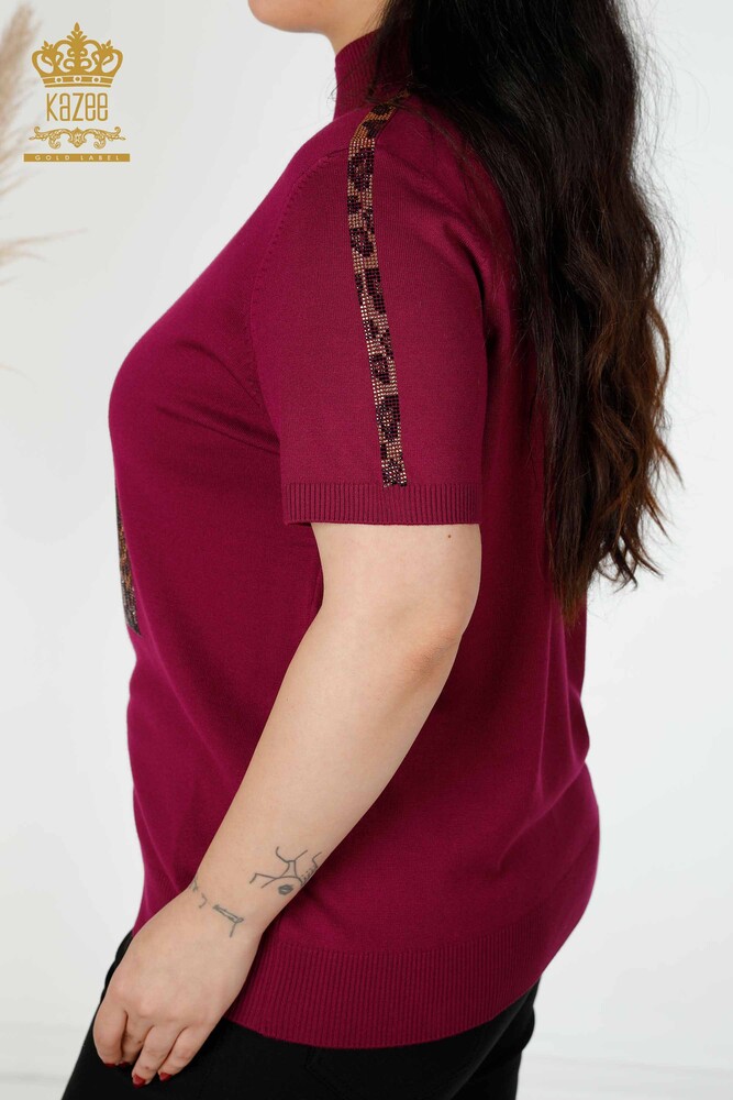 Großhandel Damen Strickpullover mit Tiger-Muster Magenta - 16999 / KAZEE - 5