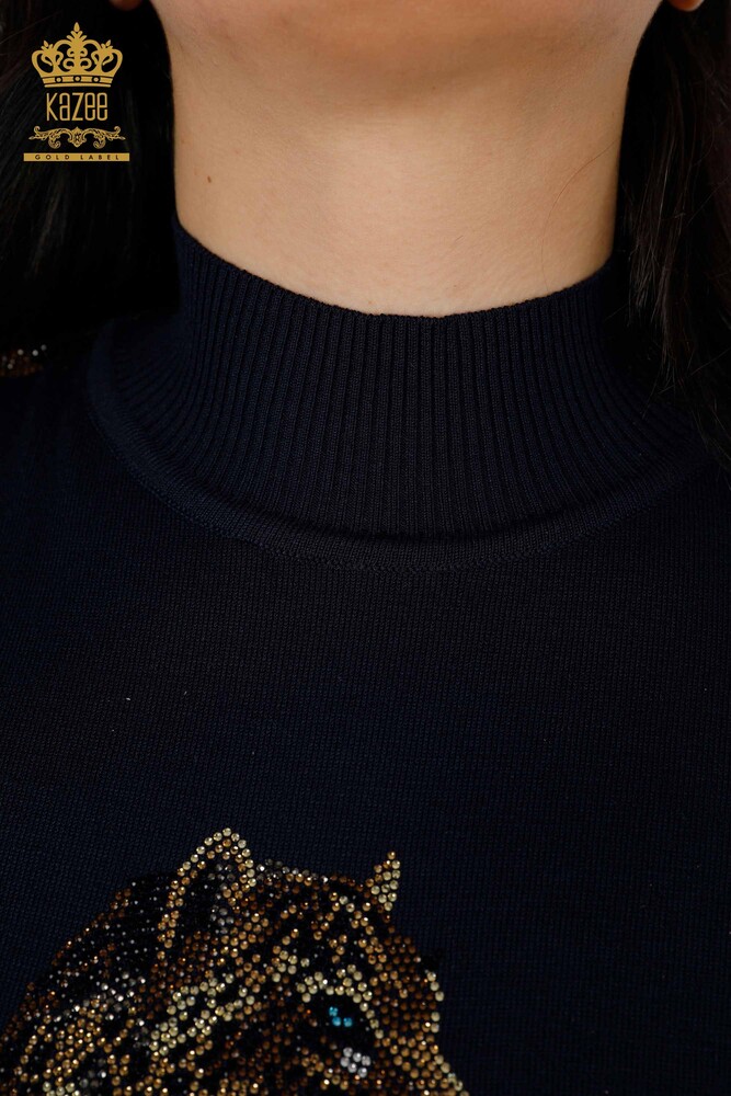 Großhandel Damen Strickpullover mit Tiger-Muster Marineblau - 16999 / KAZEE - 4