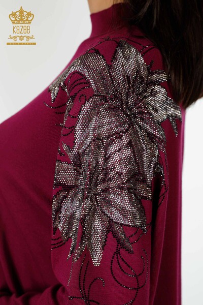 Großhandel Damen Pullover Schulter Blume Detail Magenta-16597 / KAZEE - Thumbnail