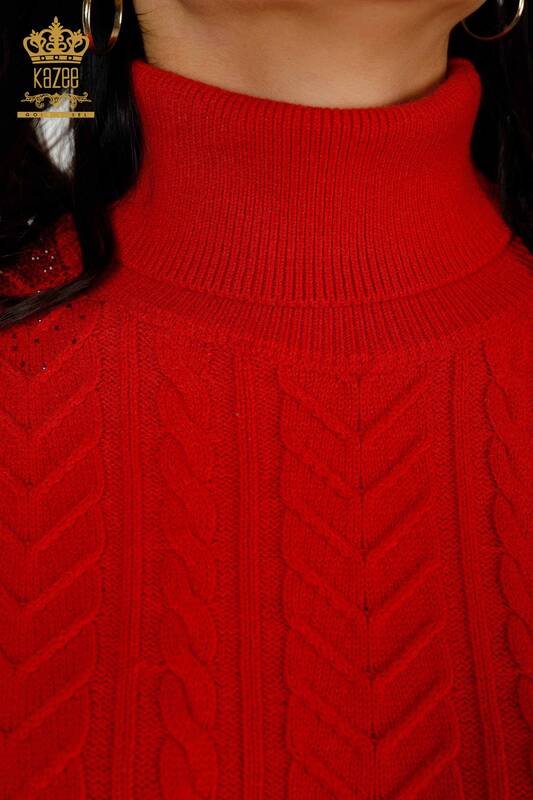 Großhandel Damen Pullover Schulter Kristall Stein bestickt rot-30097 / KAZEE