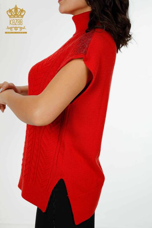 Großhandel Damen Pullover Schulter Kristall Stein bestickt rot-30097 / KAZEE