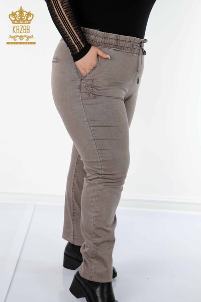 Großhandel Damenhose mit elastischem Bund - Kazee Geschrieben - Braun - 3502 | KAZEE - Thumbnail