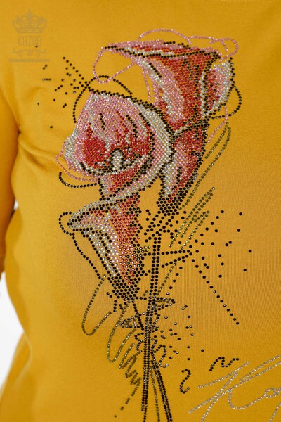Großhandel Damenbluse mit Rundhalsausschnitt und Ärmeln, gestreift, Steinrosenmuster – 79023 | KAZEE - Thumbnail