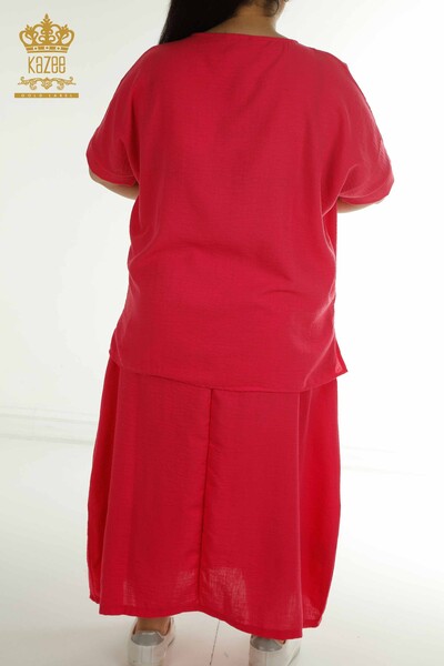 Großhandel Zweiteiliger Damen Anzug im - Mit Text detail - Fuchsia - 2402-231038 | S&M - Thumbnail