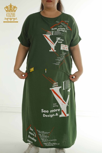 Großhandel Zweiteiliger Damen Anzug im - mit Text detail - Khaki - 2402-231038 | S&M - Thumbnail
