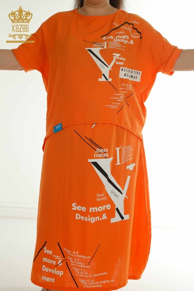 Großhandel Zweiteiliger Damen Anzug im - Mit Text detail - Orange - 2402-231038 | S&M - Thumbnail