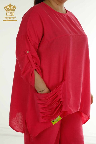 Großhandel Zweiteiliger Damen Anzug im - Taschen details - Fuchsia - 2402-211031 | S&M - Thumbnail