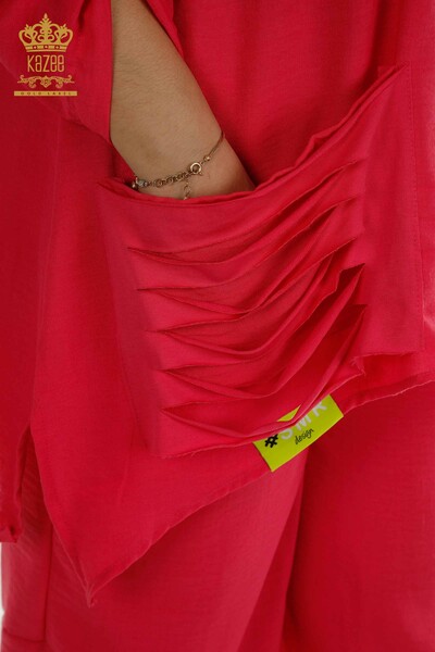 Großhandel Zweiteiliger Damen Anzug im - Taschen details - Fuchsia - 2402-211031 | S&M - Thumbnail