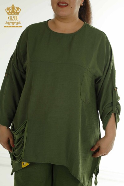 Großhandel Zweiteiliger Damen Anzug im - Taschen Details - Khaki - 2402-211031 | S&M - Thumbnail