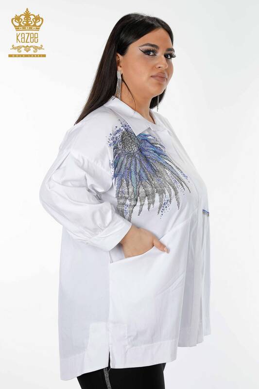 Grossiste Chemise Femme Motif Blanc Avec Poche - 20197 | KAZEE