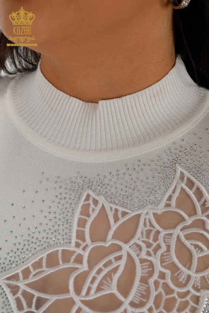 Grossiste Pull Femme Maille Rose Motif Ecru - 16832 | KAZEE - 4