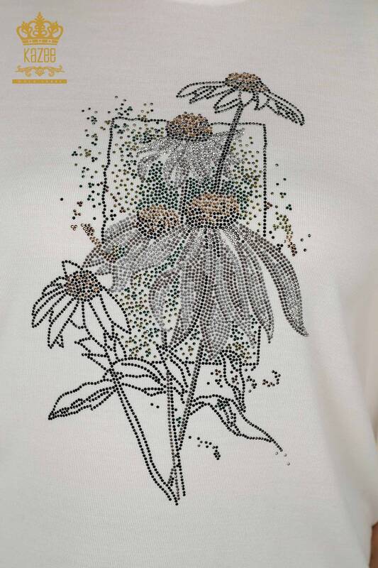 Grossiste Pull Femme - Motif Floral - Ecru - 16963 | KAZEE
