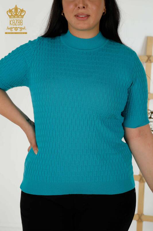 Grossiste Pull Femme - Col Montant - Turquoise - 30338 | KAZEE