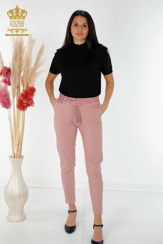 Grossiste Jeans Femme Avec Poches Ceinture Rose Séché - 3498 | KAZEE