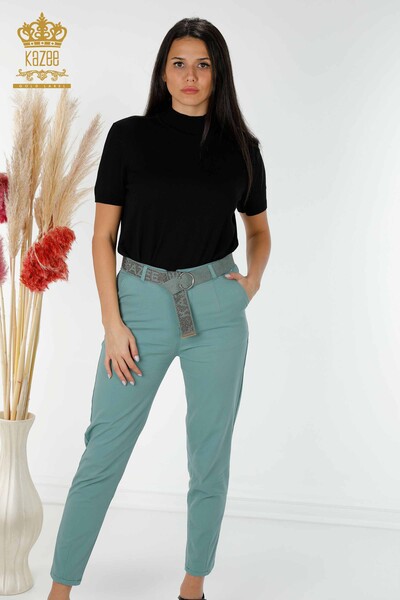 Grossiste Pantalon Denim Femme Avec Poche Ceinture Menthe - 3498 | KAZEE 