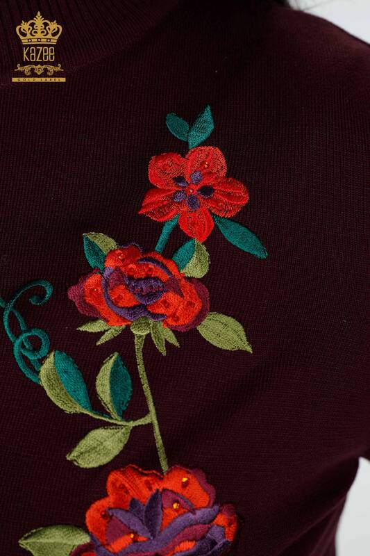 Grossiste Pull en Tricot Femme Motif Floral Prune - 15876 | KAZEE