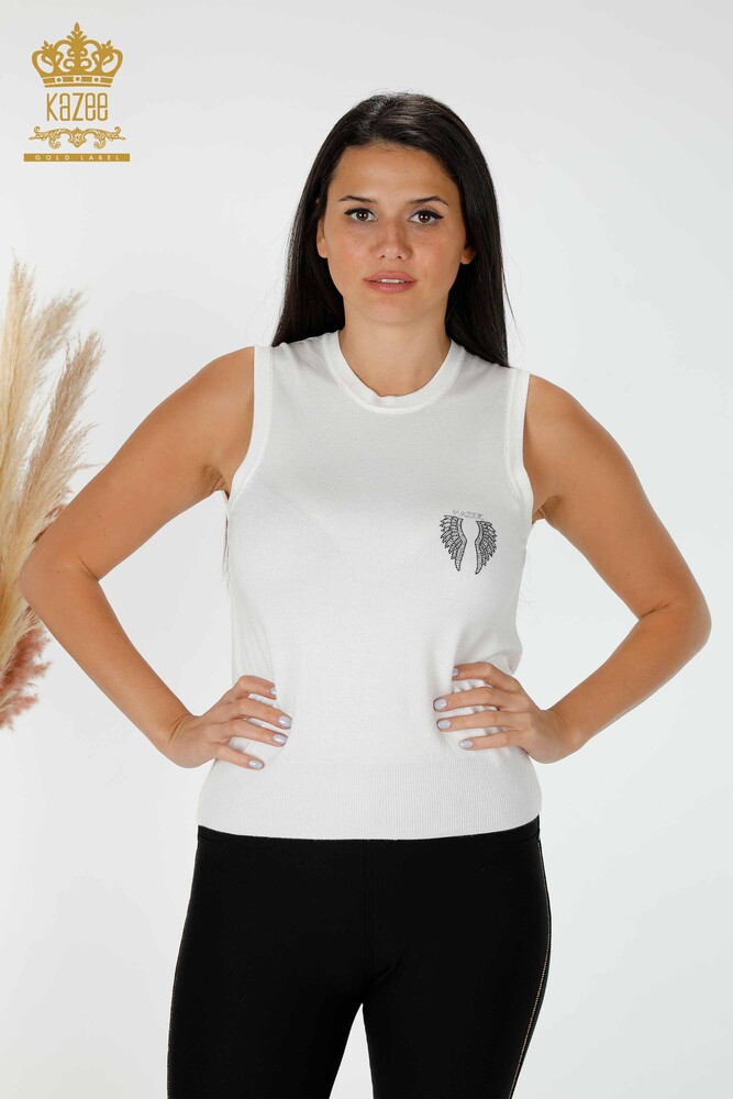 Grossiste Tricot Femme Aile d'Ange à Motifs Sans Manches Ecru - 16921 | KAZEE - 1