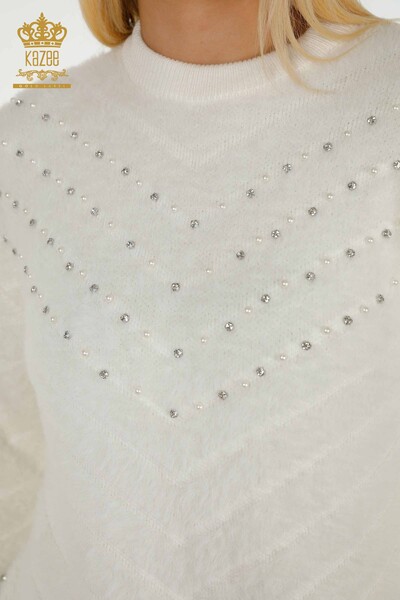 Grossiste Pull Femme - Angora - Perles Brodées - Ecru - 30189 | KAZEE - Thumbnail