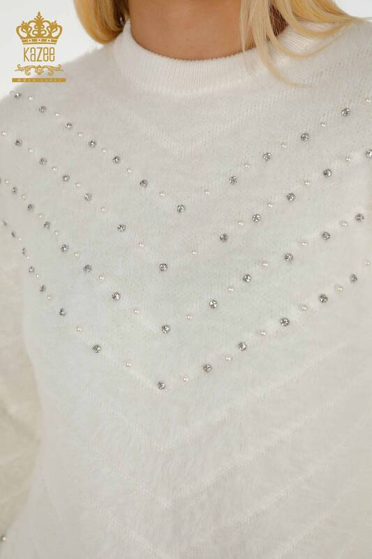 Grossiste Pull Femme - Angora - Perles Brodées - Ecru - 30189 | KAZEE