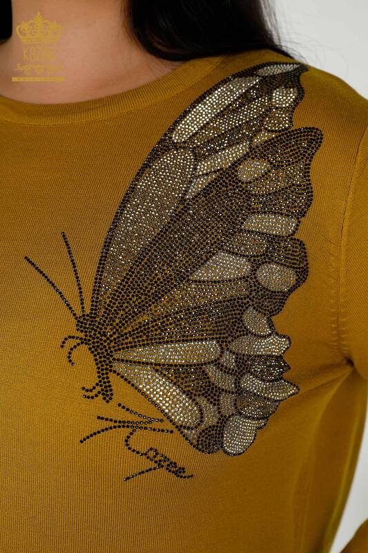 Grossiste Pull Tricot Femme Motif Papillon Safran - 16958 | KAZEE
