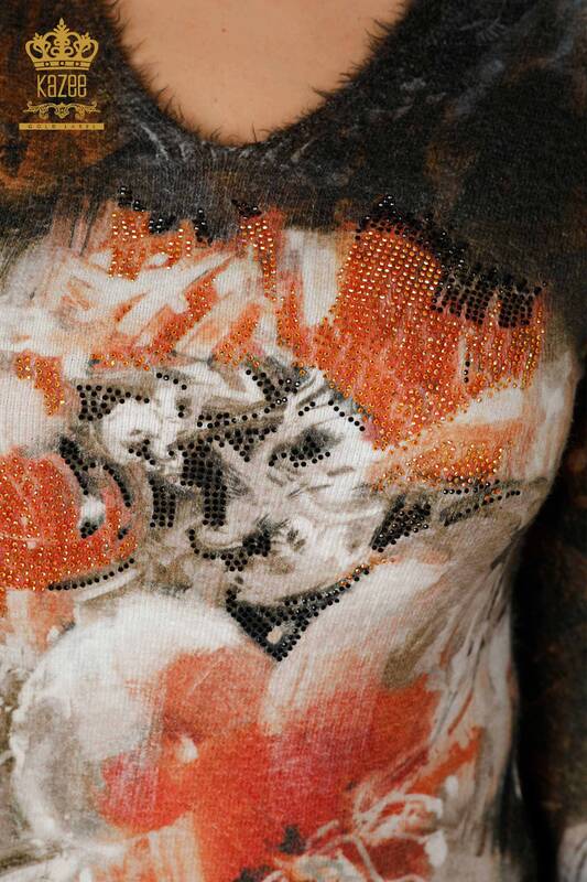 Grossiste Pull Femme Tricot Angora Motif Noir - 18985 | KAZEE