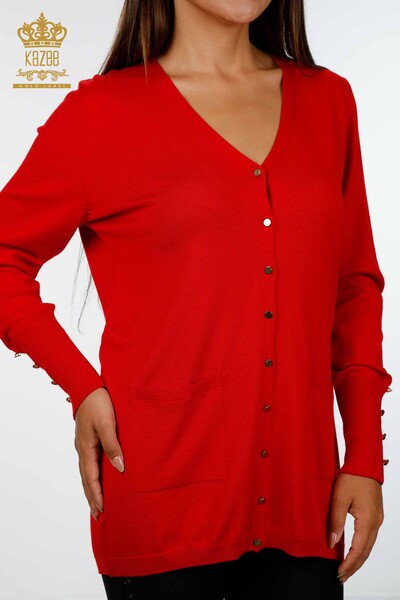 Vente en gros de tricots pour femmes cardigan col en V poche bouton de manchette détaillé - 15945 | KAZEE - Thumbnail