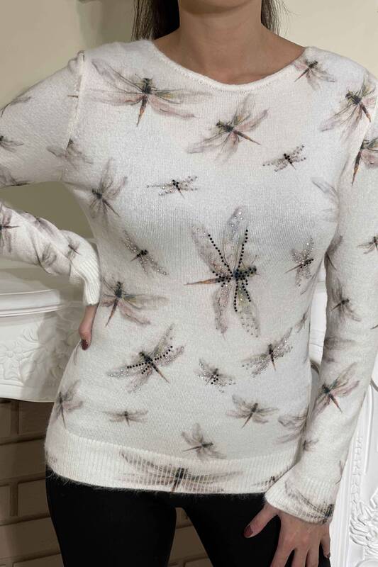 Vente en gros de tricots pour femmes impression numérique angora libellule détaillée - 18562 | KAZEE