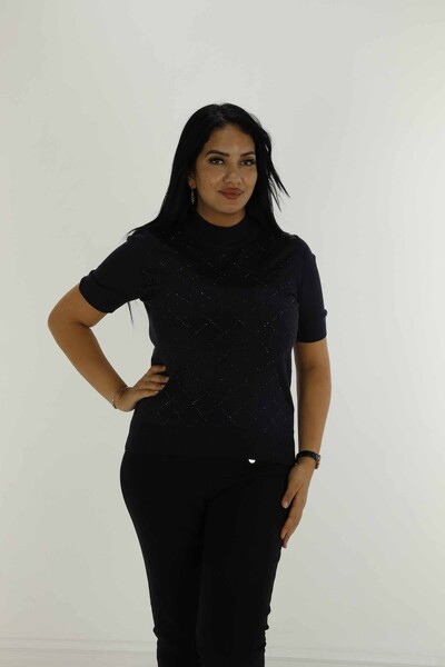 Kurzärmliger Stone-Strickpullover mit hohem Kragen, Marineblau – 30651 | KAZEE 