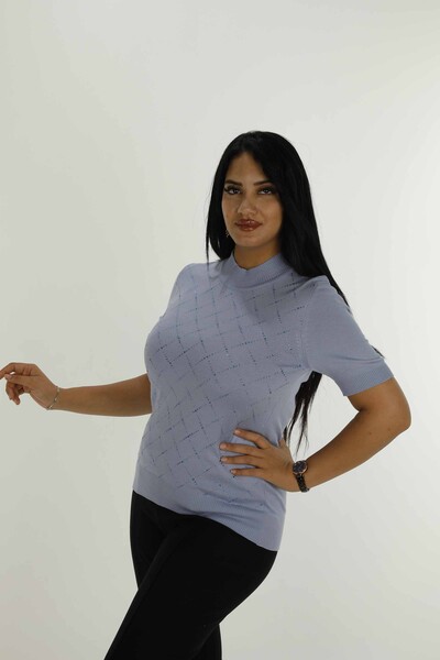 Stand Collar Short Sleeve Stone Knitwear Blue - 30651 | KAZEE - 2