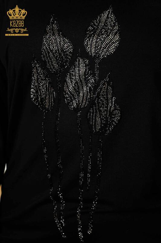 Hurtownia bluzek damskich z haftowanym kamieniem w kolorze czarnym - 79041 | KAZEE