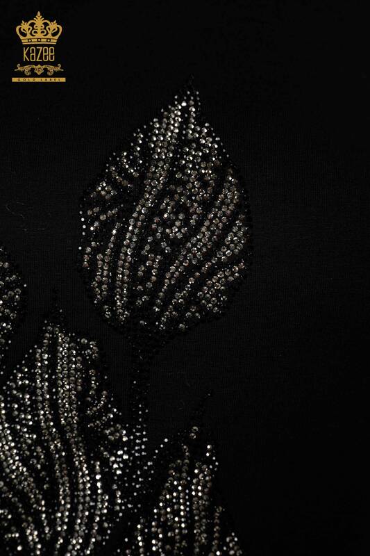 Hurtownia bluzek damskich z haftowanym kamieniem w kolorze czarnym - 79041 | KAZEE
