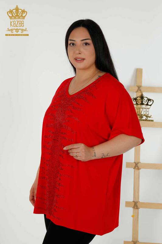 Hurtownia bluzek damskich z haftowanym kamieniem w kolorze czerwonym - 79321 | KAZEE