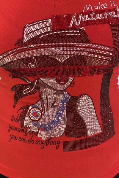 Hurtownia bluzek damskich z kolorowym kamieniem, haftowanym dekoltem w szpic - 77754 | Kazee - Thumbnail