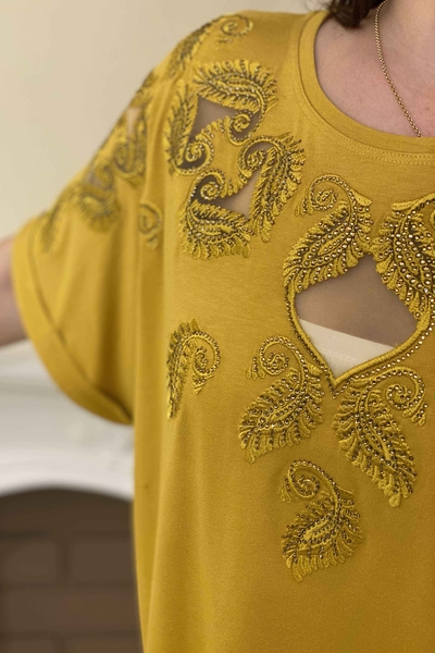 Hurtownia damska bluzka z przodu, tiulowa, z kamieniem, szczegółowy rękaw w kształcie nietoperza - 77638 | Kazee - Thumbnail