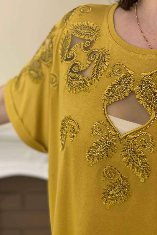 Hurtownia damska bluzka z przodu, tiulowa, z kamieniem, szczegółowy rękaw w kształcie nietoperza - 77638 | Kazee
