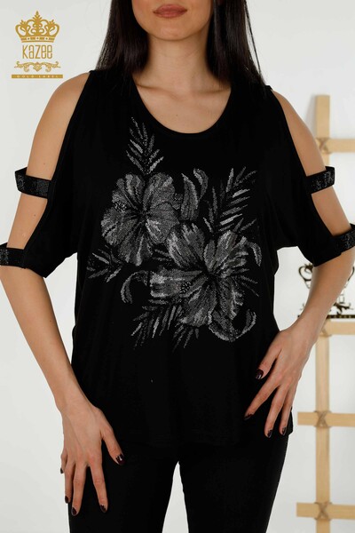 Hurtownia bluzek damskich z detalami na ramionach, czarna - 79289 | KAZEE - Thumbnail