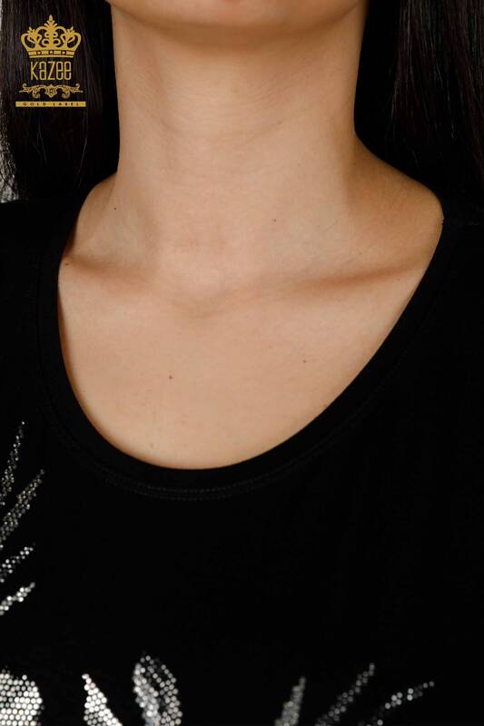 Hurtownia bluzek damskich z detalami na ramionach, czarna - 79289 | KAZEE