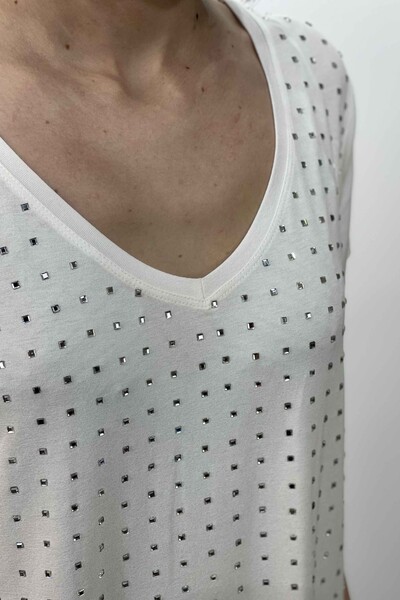 Hurtownia damska bluzki z dekoltem w kształcie litery V, haftowanym kamieniem z krótkim rękawem - 77751 | KAZEE - Thumbnail