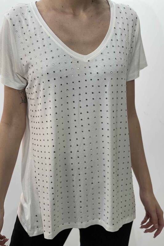 Hurtownia damska bluzki z dekoltem w kształcie litery V, haftowanym kamieniem z krótkim rękawem - 77751 | KAZEE