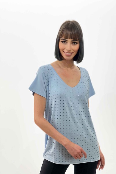 Hurtownia damska bluzki z dekoltem w kształcie litery V, haftowanym kamieniem z krótkim rękawem - 77751 | KAZEE - Thumbnail