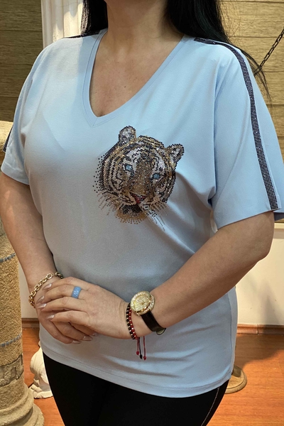Hurtownia damska bluzka z dekoltem w szpic tygrysa ze szczegółowym haftowanym kryształowym kamieniem - 76577 | Kazee - Thumbnail