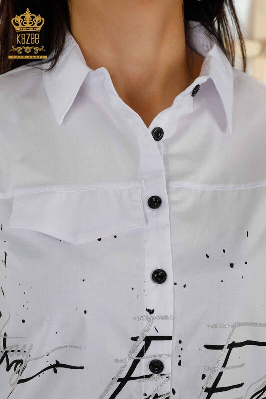 Hurtownia koszul damskich - Rękaw detale z falbaną - biała - 20322 | KAZEE