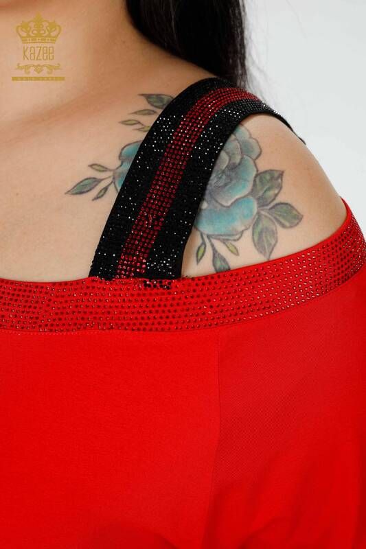 Hurtownia tuniki damskiej na ramię, szczegółowa, haftowana kamieniem w kolorze czerwonym - 77721 | KAZEE