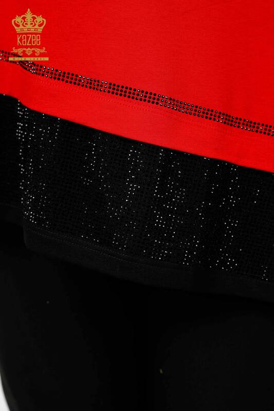 Hurtownia tuniki damskiej na ramię, szczegółowa, haftowana kamieniem w kolorze czerwonym - 77721 | KAZEE